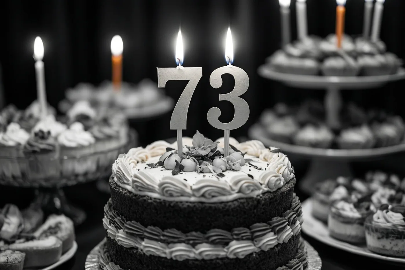 Een grotendeels zwart-witte foto toont een taart met verdiepingen, wit glazuur en een papieren versiering met 73, met gekleurde kaarsvlammen en desserts op de achtergrond.
