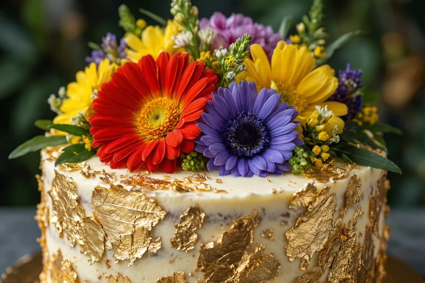Een detailopname toont een taart met wit glazuur, bladgoud en verse bloemen, waaronder rode en paarse gerbera's, tegen een onscherpe groene achtergrond.