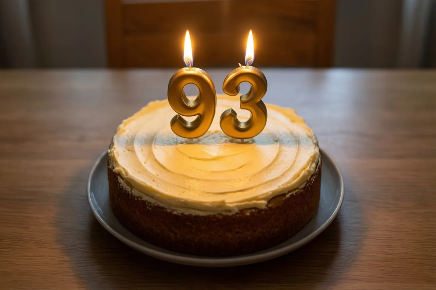 Een zelfgemaakte roomtaart met goudgele taartcrème en brandende cijferkaarsjes 93 staat op een houten tafel tegen een houten achtergrond.