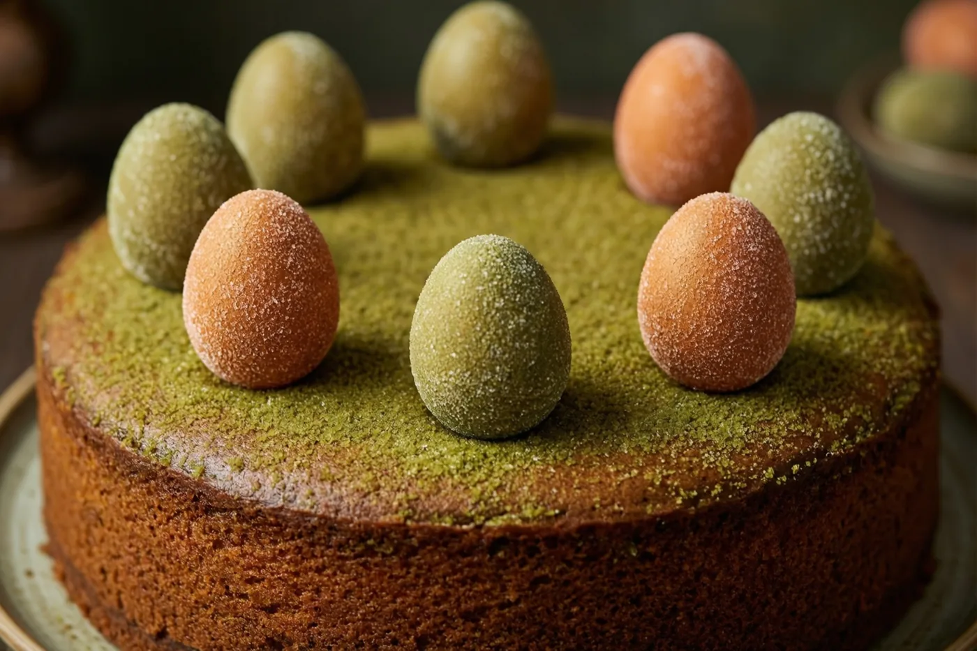 Een ronde taart met een bruine korst en een groene poederlaag is versierd met groene en oranje gesuikerde eitjes tegen een donkere achtergrond.