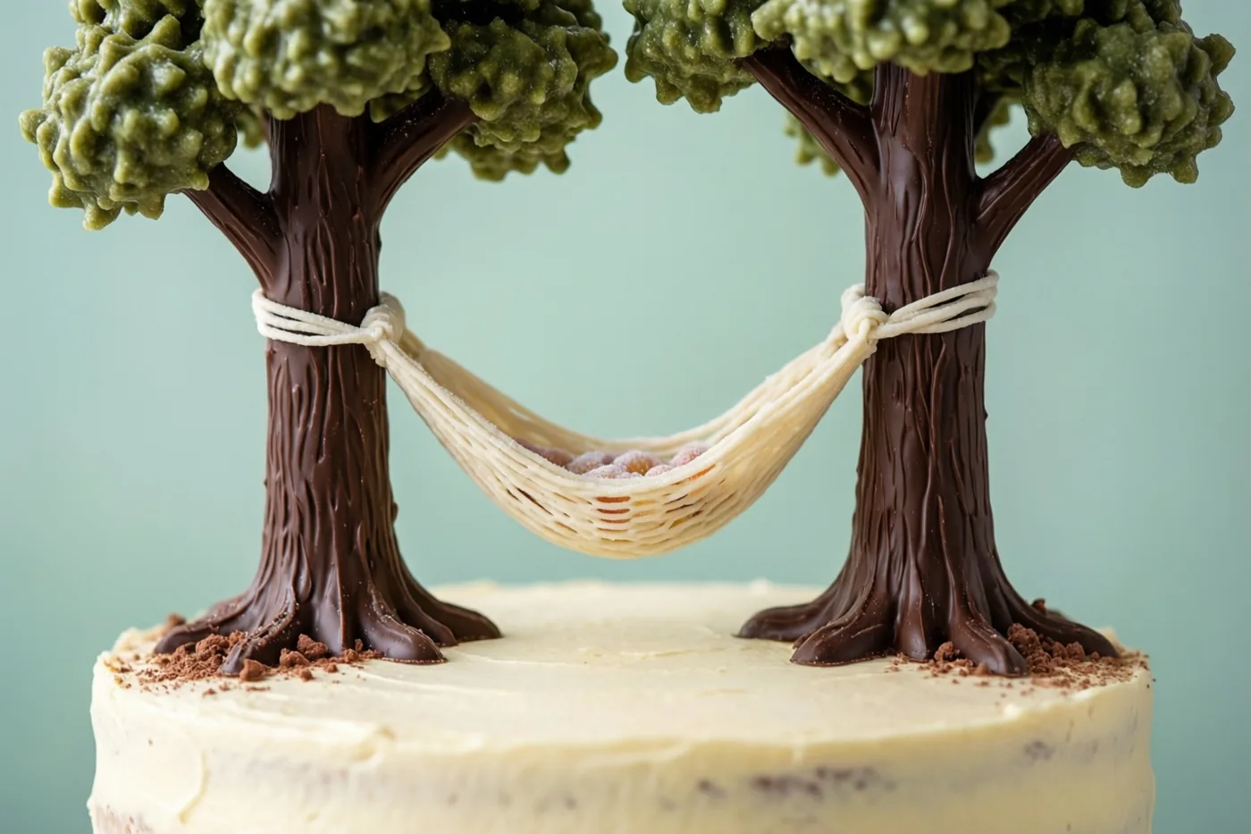 Op een taart staan twee chocoladebomen met groen suikerloof en een suikerhangmat ertussen, tegen een effen lichtblauwe achtergrond.
