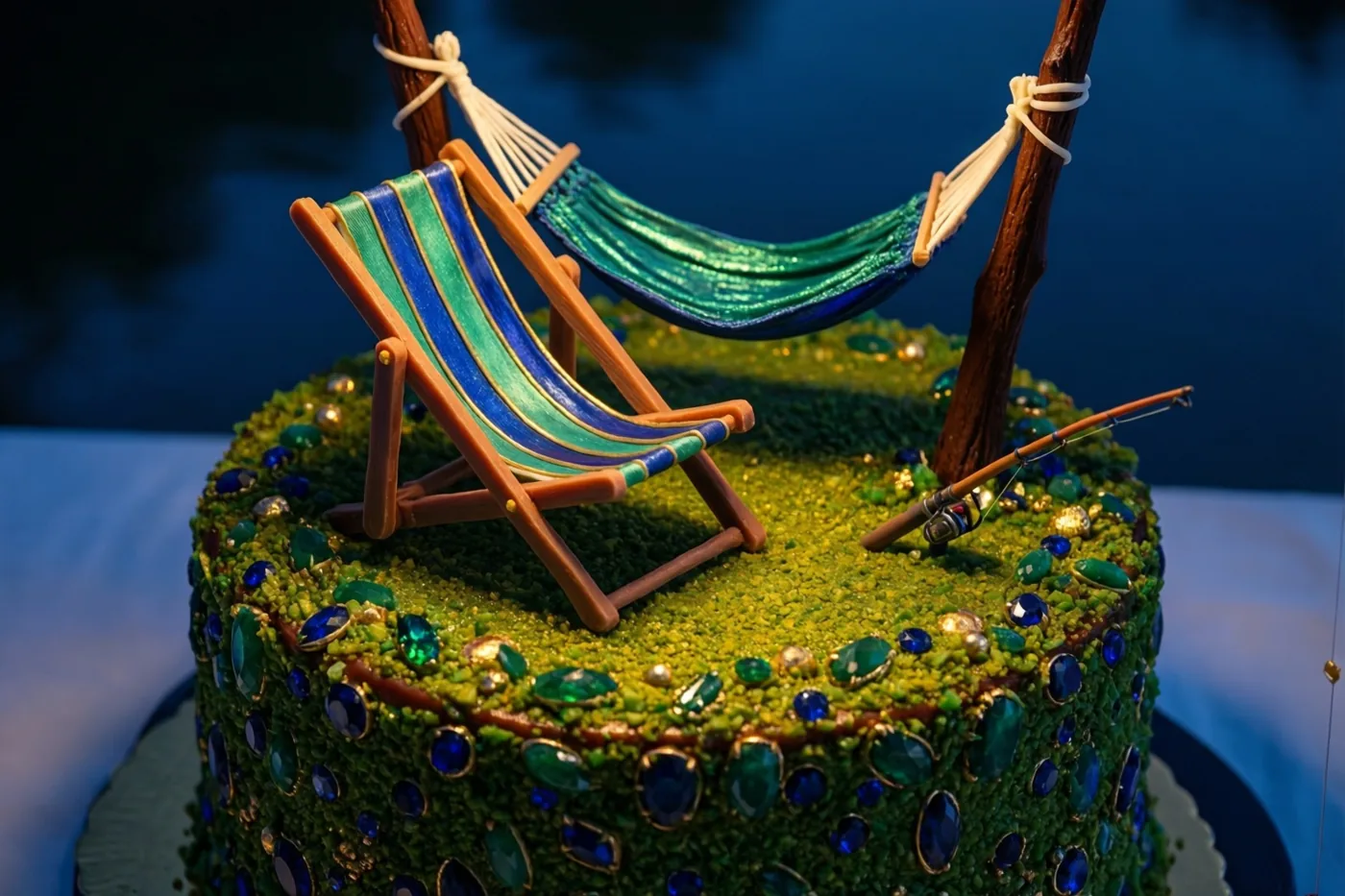 Een taart is versierd met een miniatuurstrandstoel, een hangmat en een hengel van fondant op een groen oppervlak met structuur, in blauwe en groene tinten.
