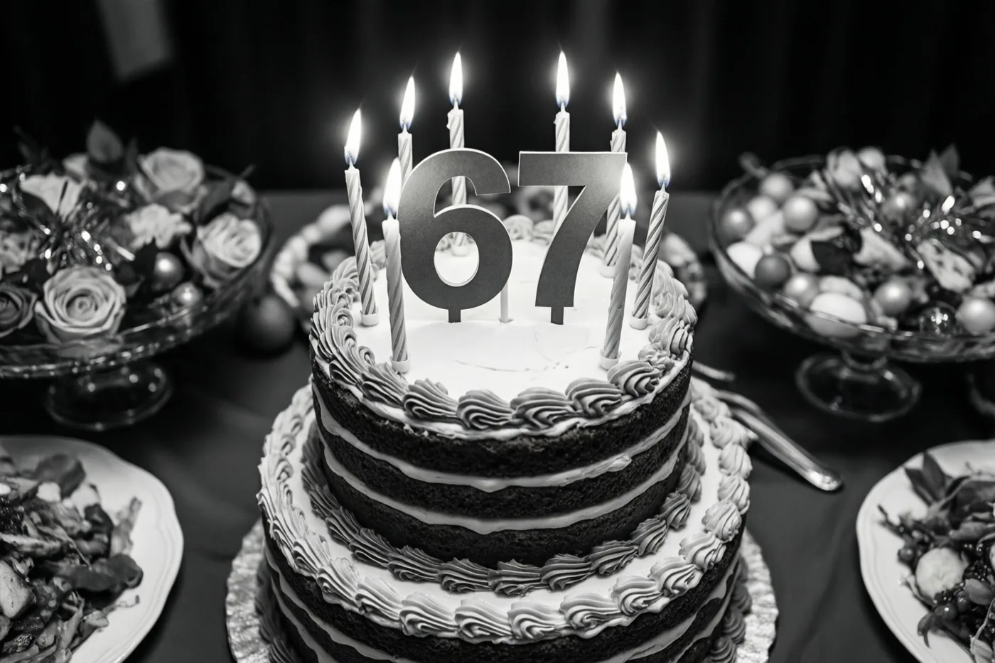 Een zwart-witfoto toont een taart met meerdere lagen, wit glazuur, brandende kaarsjes en een papieren versiering met 67 op een buffettafel tussen gerechten en bloemstukken.