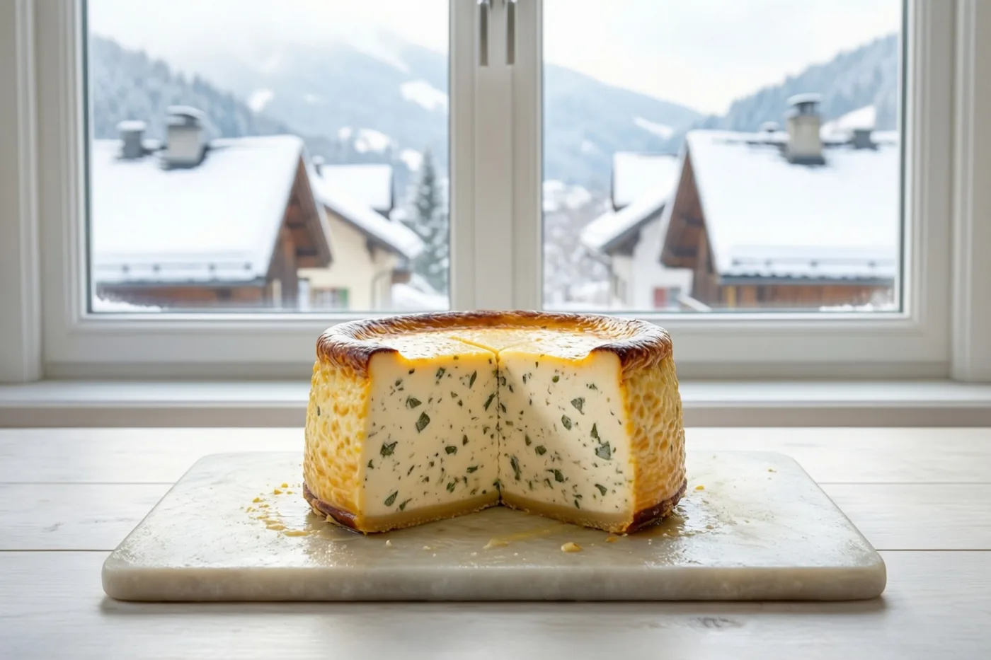 Een aangesneden crème-brûléetaart met groene kruiden staat op een marmeren plank op een houten tafel, met een besneeuwd bergdorp achter het raam.