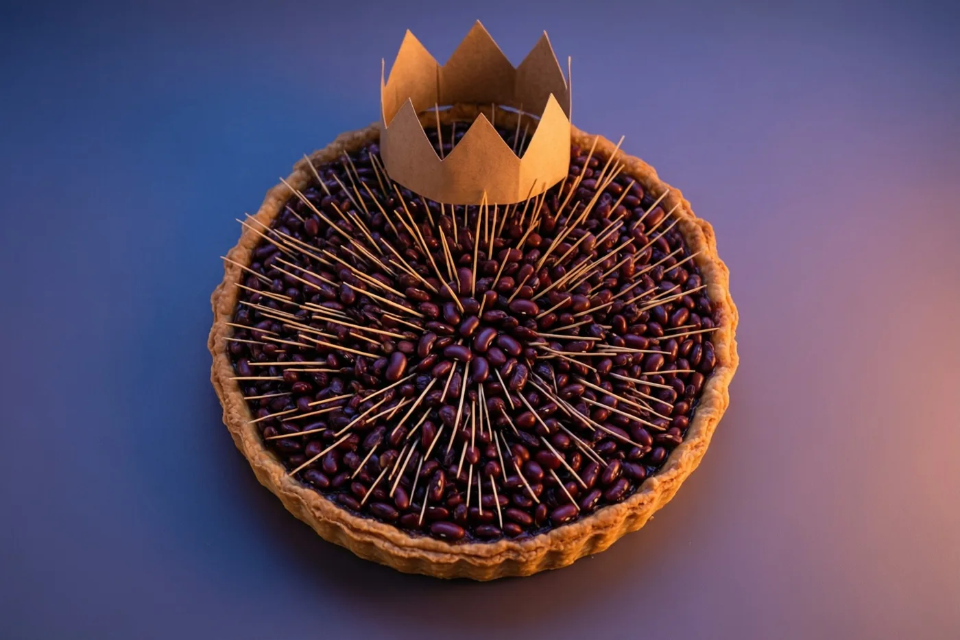 Een ronde galette vol donkerrode gedroogde bonen heeft tandenstokers in het midden en een papieren kroon bovenop tegen een achtergrond die van blauw naar paars verloopt.