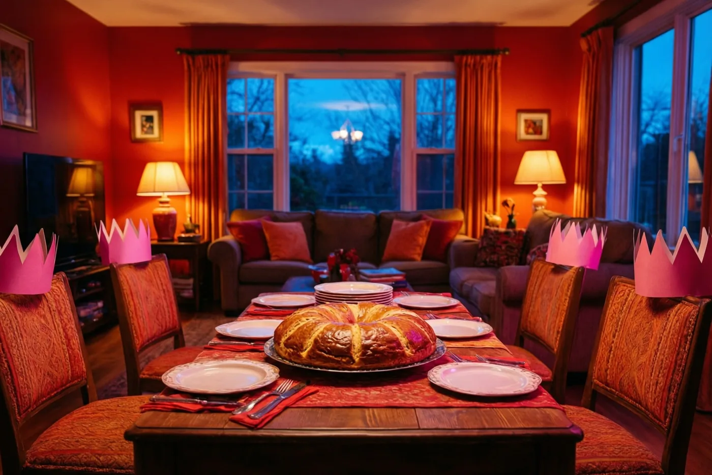 Een grote goudbruine driekoningentaart staat op een houten tafel tussen stoelen met roze papieren kronen, in een woonkamer met donkerrode muren, bedrukte bekleding en brandende lampen.