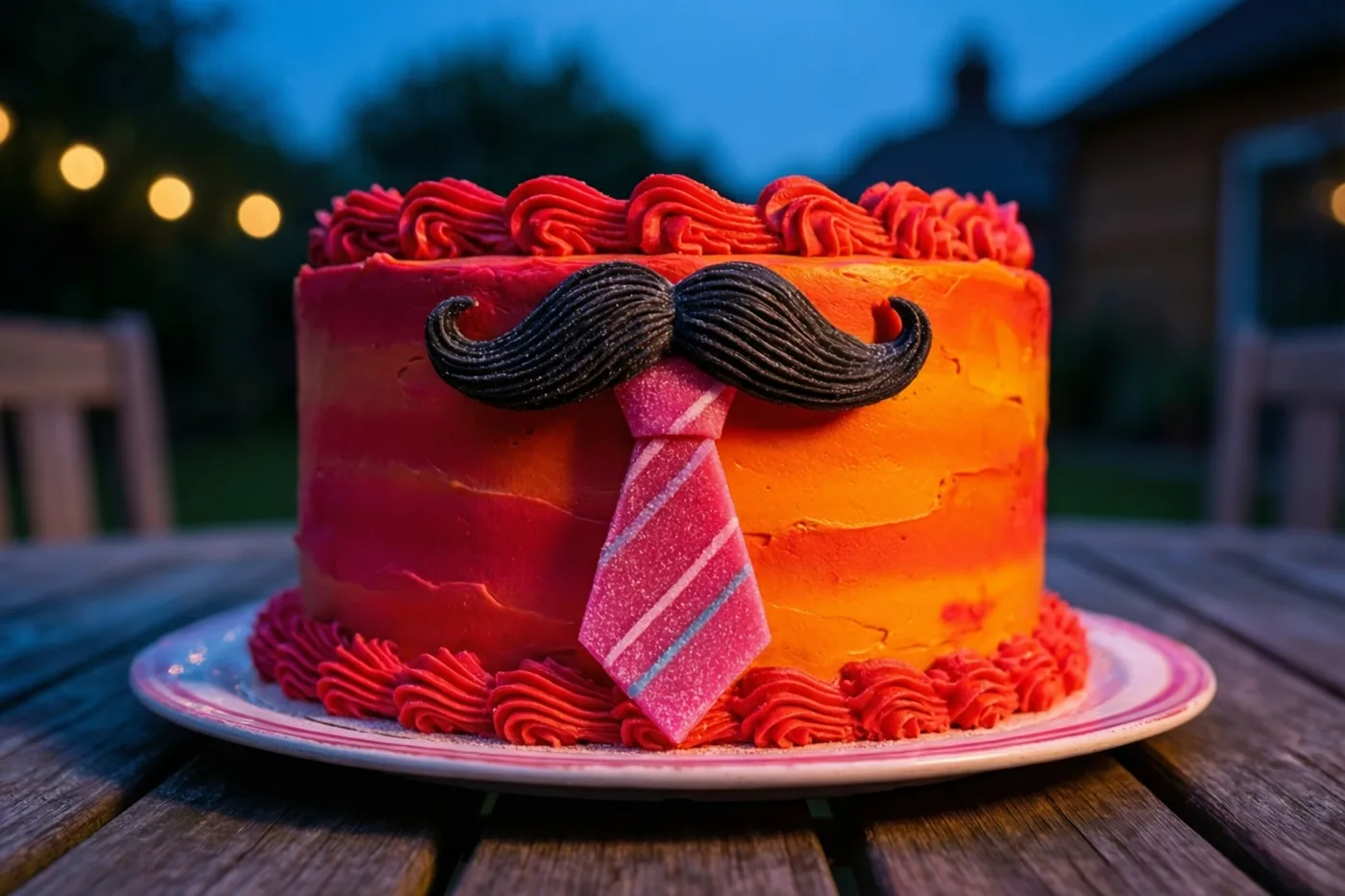 Een ronde taart met rood-oranje glazuur, een zwarte suikersnor en een roze gestreepte suikerdas staat bij schemering op een houten tuintafel, met onscherpe lichtslingers en een huis erachter.