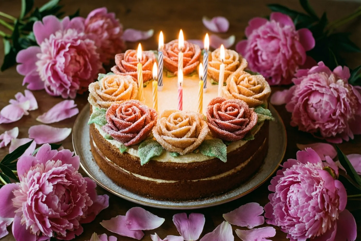 Een ronde taart met suikerrozen en brandende kaarsjes staat op een bord op een houten oppervlak, omringd door losse roze pioenblaadjes.