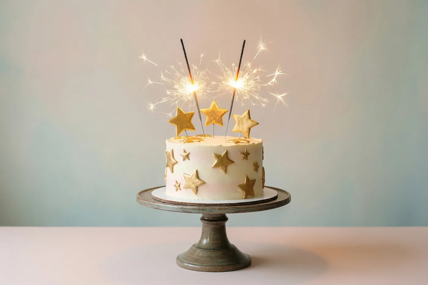 Een ronde feesttaart met gouden sterren en twee brandende sterretjes staat op een keramieken taartstandaard tegen een achtergrond met een zacht kleurverloop.