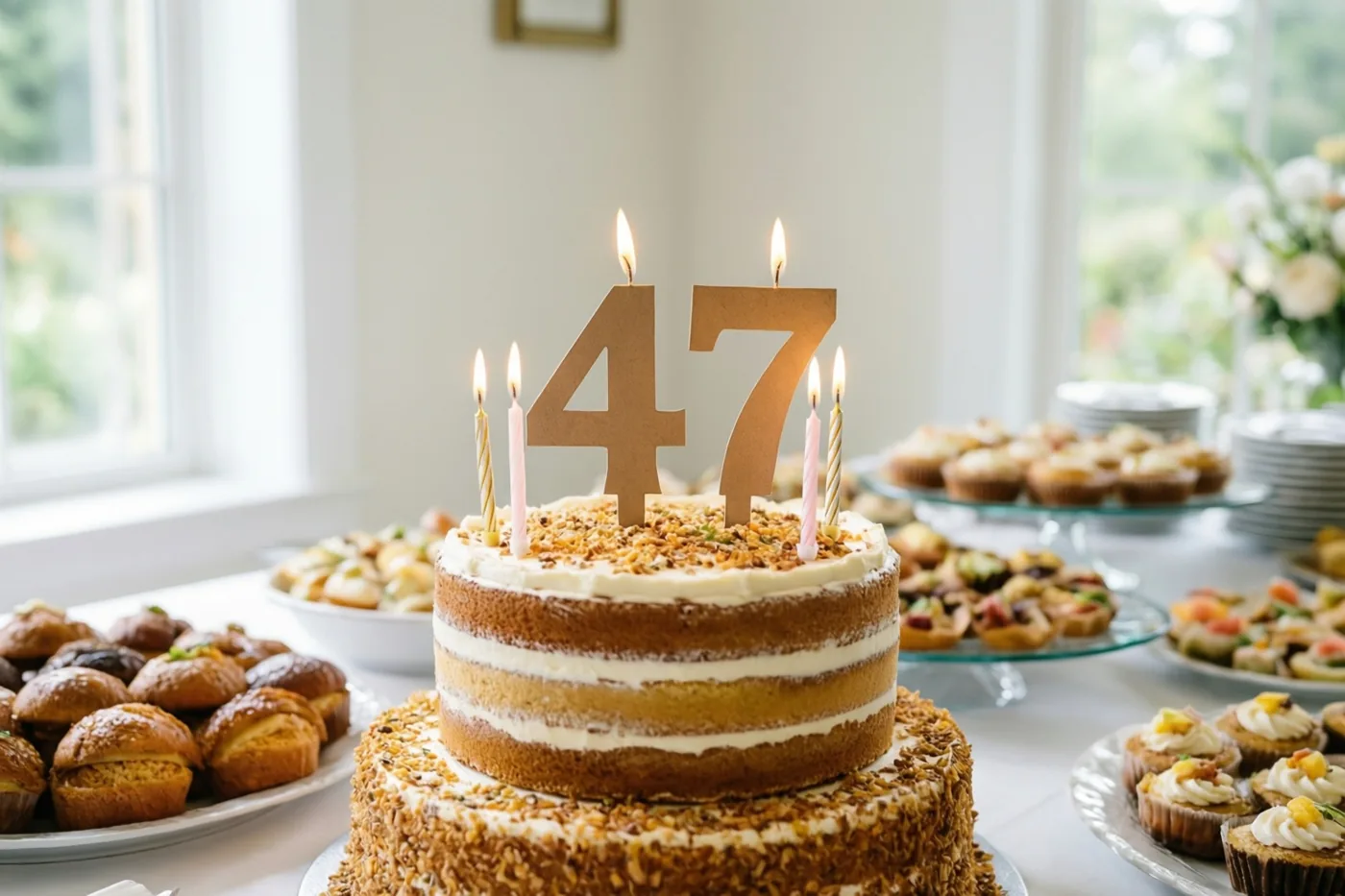 Een taart met twee verdiepingen, een papieren versiering met 47 en brandende kaarsjes staat op een feestbuffet binnen bij ramen met daglicht en pasteltinten.