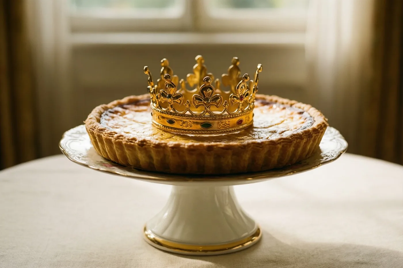 Een goudbruine galette met een vergulde sierkroon staat op een witte porseleinen taartstandaard met gouden rand in zacht licht van een raam.
