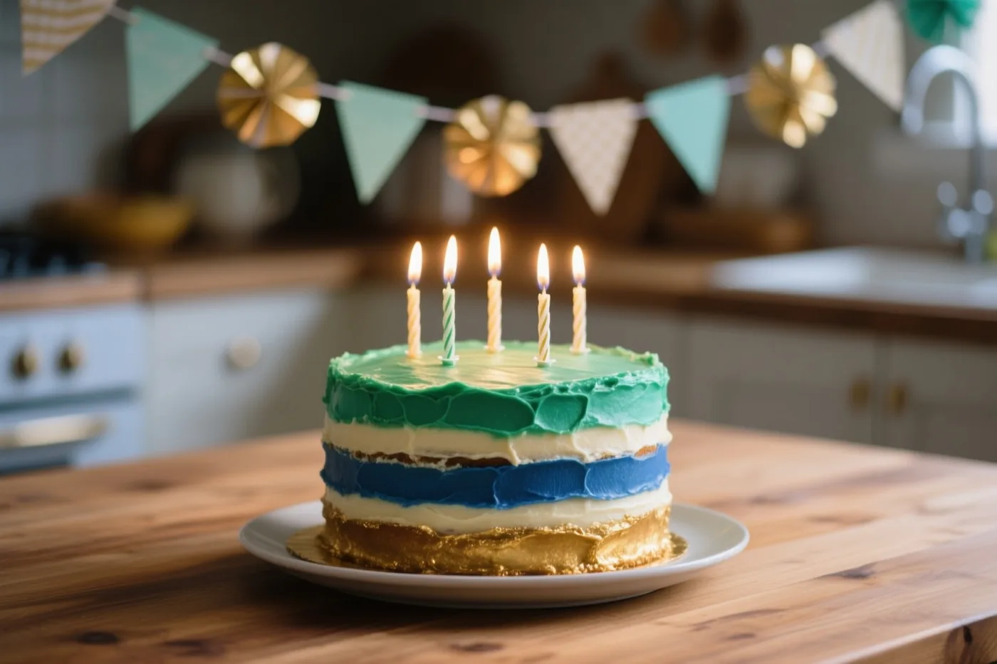 Een laagjestaart met groen, blauw en goudkleurig glazuur en vijf brandende kaarsjes staat op een houten keukentafel voor vlaggetjesslingers en gouden papieren waaiers.