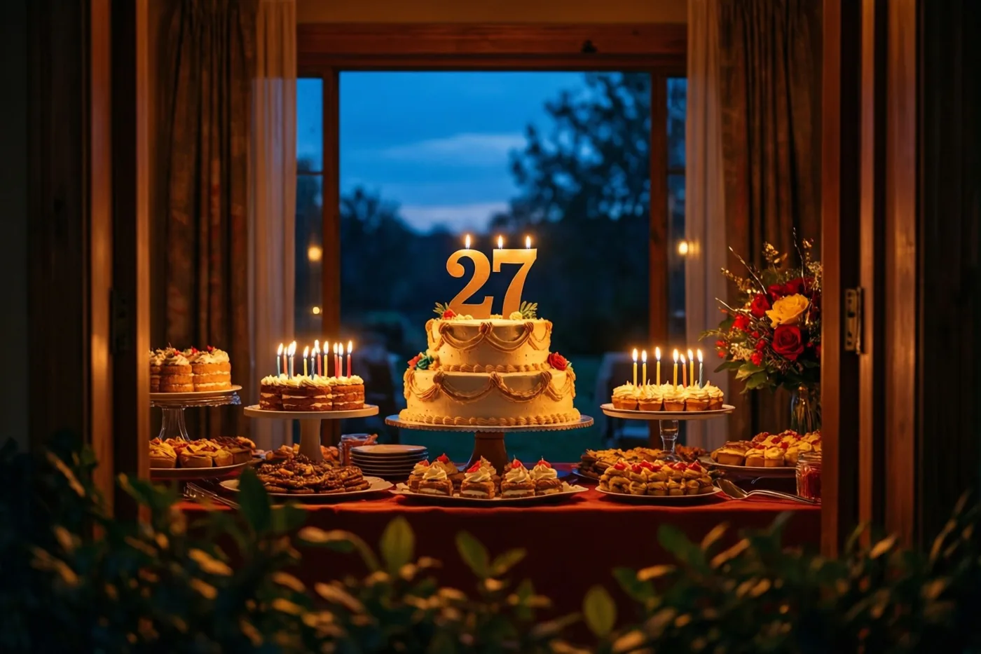 Een verjaardagstaart met meerdere lagen, brandende kaarsen en een grote papieren versiering met 27 staat op een buffettafel bij een raam met zicht op de avondlucht.