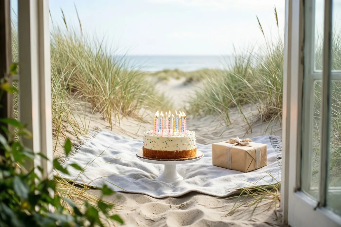 Door een raamkozijn is een verjaardagstaart met brandende kaarsjes op een witte taartvoet te zien, op een picknickdeken naast een cadeau in de duinen, met helmgras en de zee op de achtergrond.