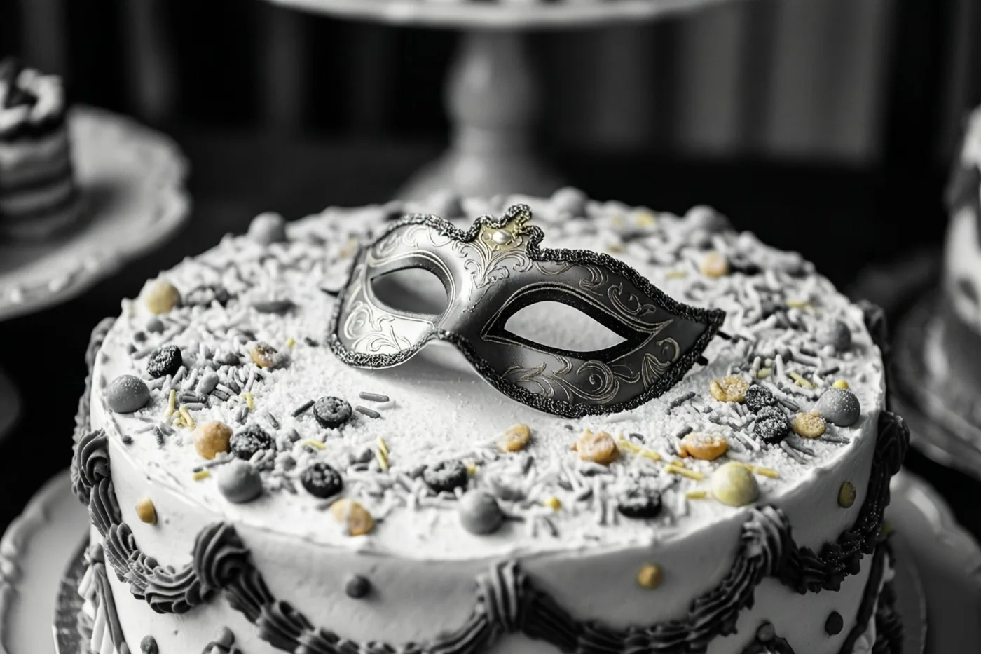 Een taart met wit glazuur, suikerconfetti en een sierlijk zwart-zilveren carnavalsmasker staat in een gedempte omgeving met andere taarten op de onscherpe achtergrond.