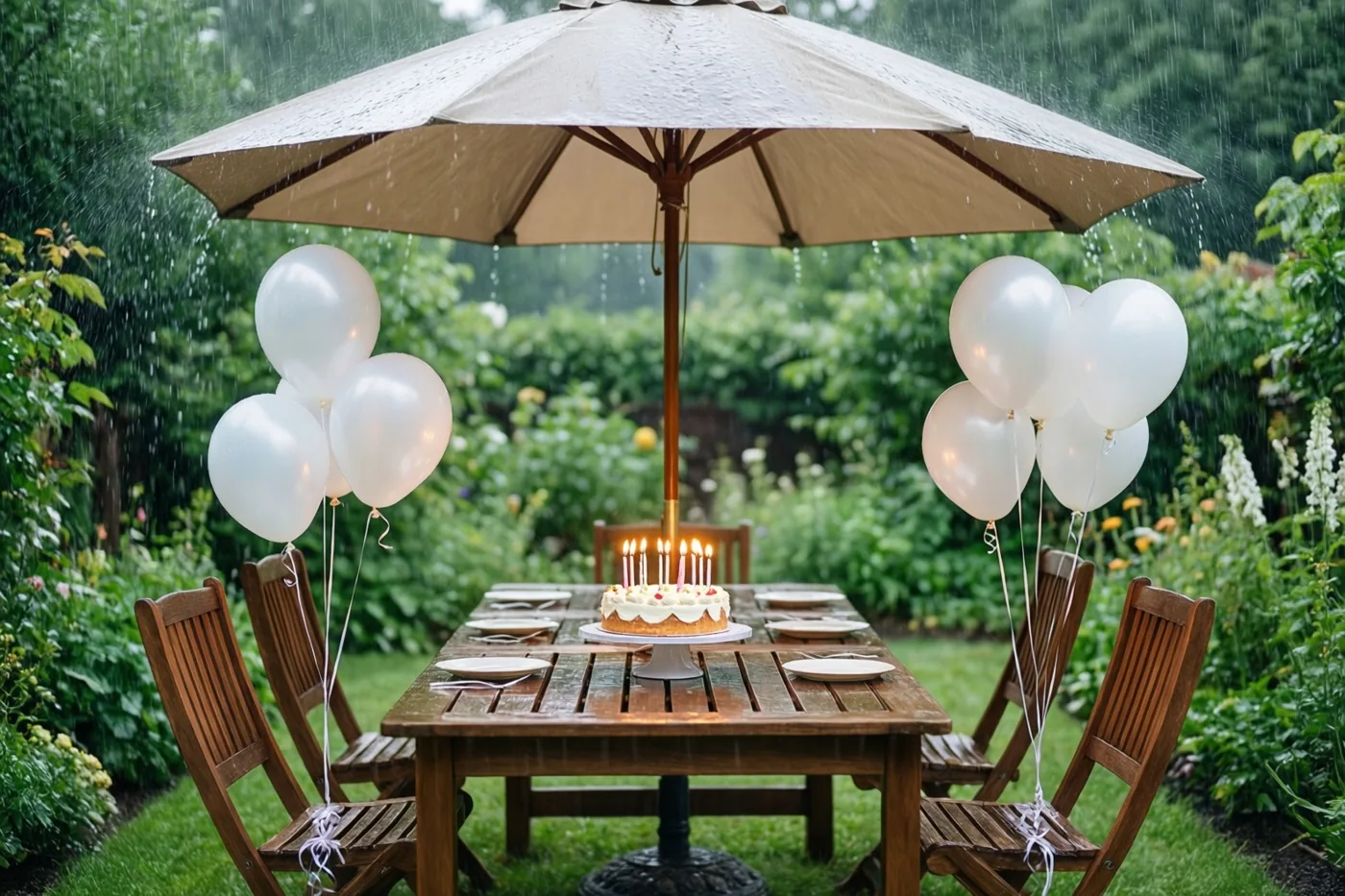 Onder een grote beige parasol staat een houten tuintafel met een taart met brandende kaarsjes en witte ballonnen aan de stoelen, omringd door nat gras en groen.