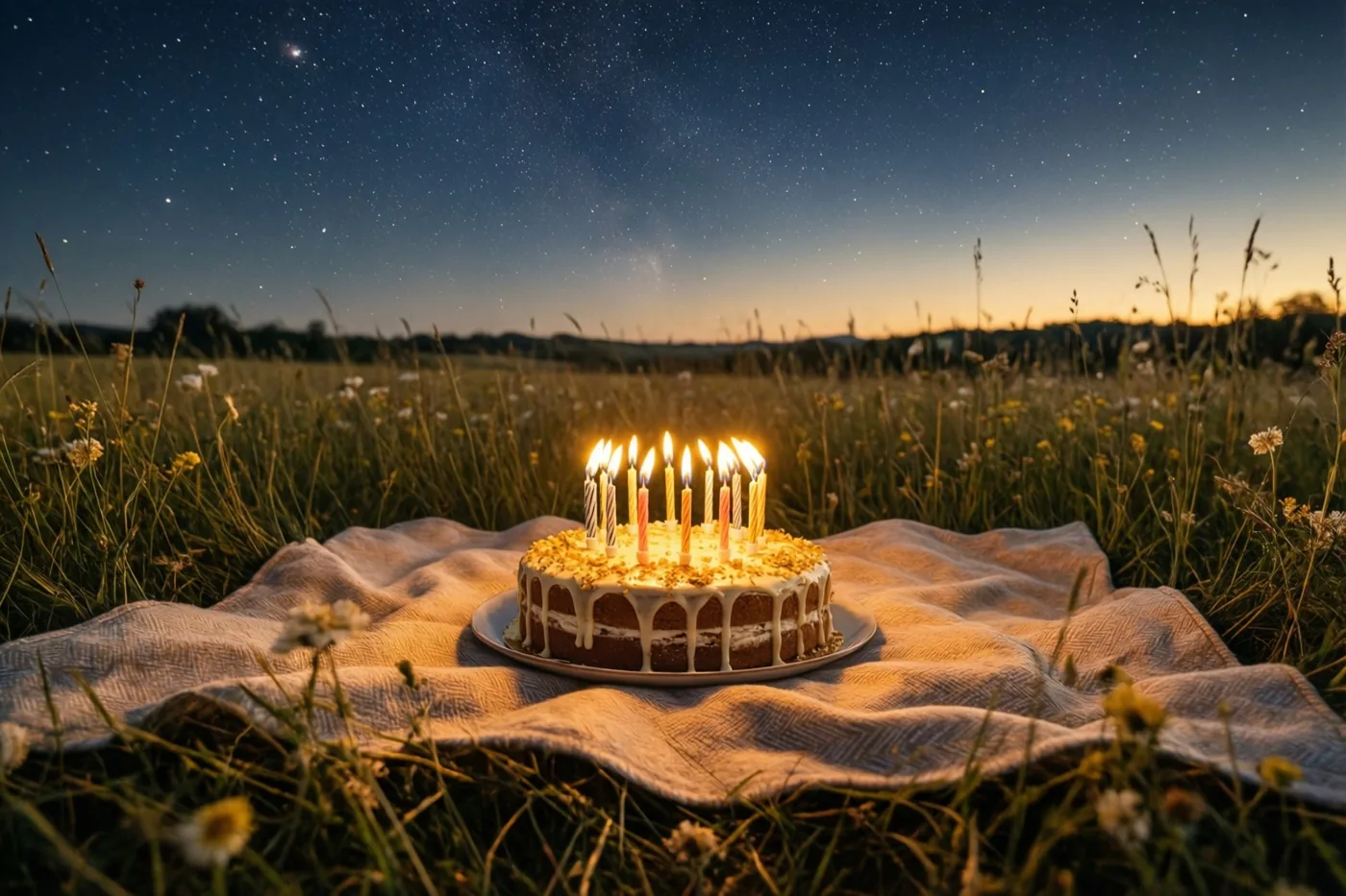Een verjaardagstaart met brandende kaarsjes staat op een deken in een grasweide onder een sterrenhemel, verlicht door warm kaarslicht en zachte schemering.