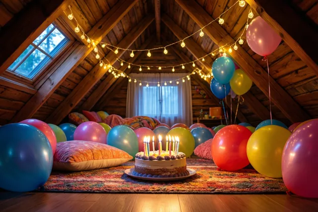 Een taart met brandende kaarsjes staat op een tapijt met patroon in een zolderkamer met een schuin houten plafond, lichtslingers en kleurrijke ballonnen.
