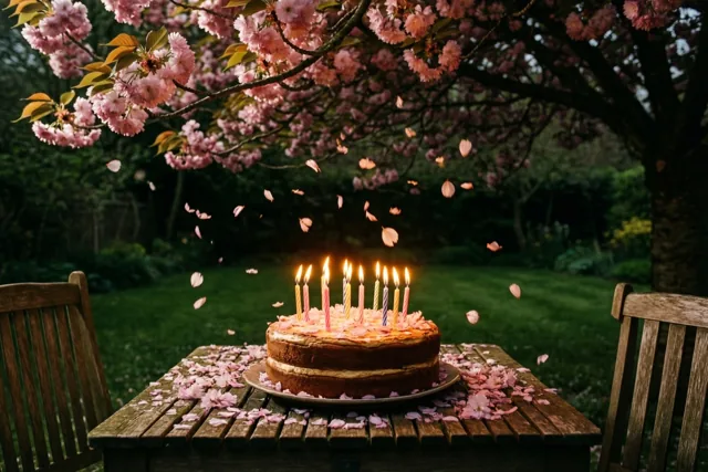 Een verjaardagstaart met brandende kaarsjes staat op een houten tuintafel onder een bloeiende boom, met vallende roze kersenbloesemblaadjes in een groene tuin.