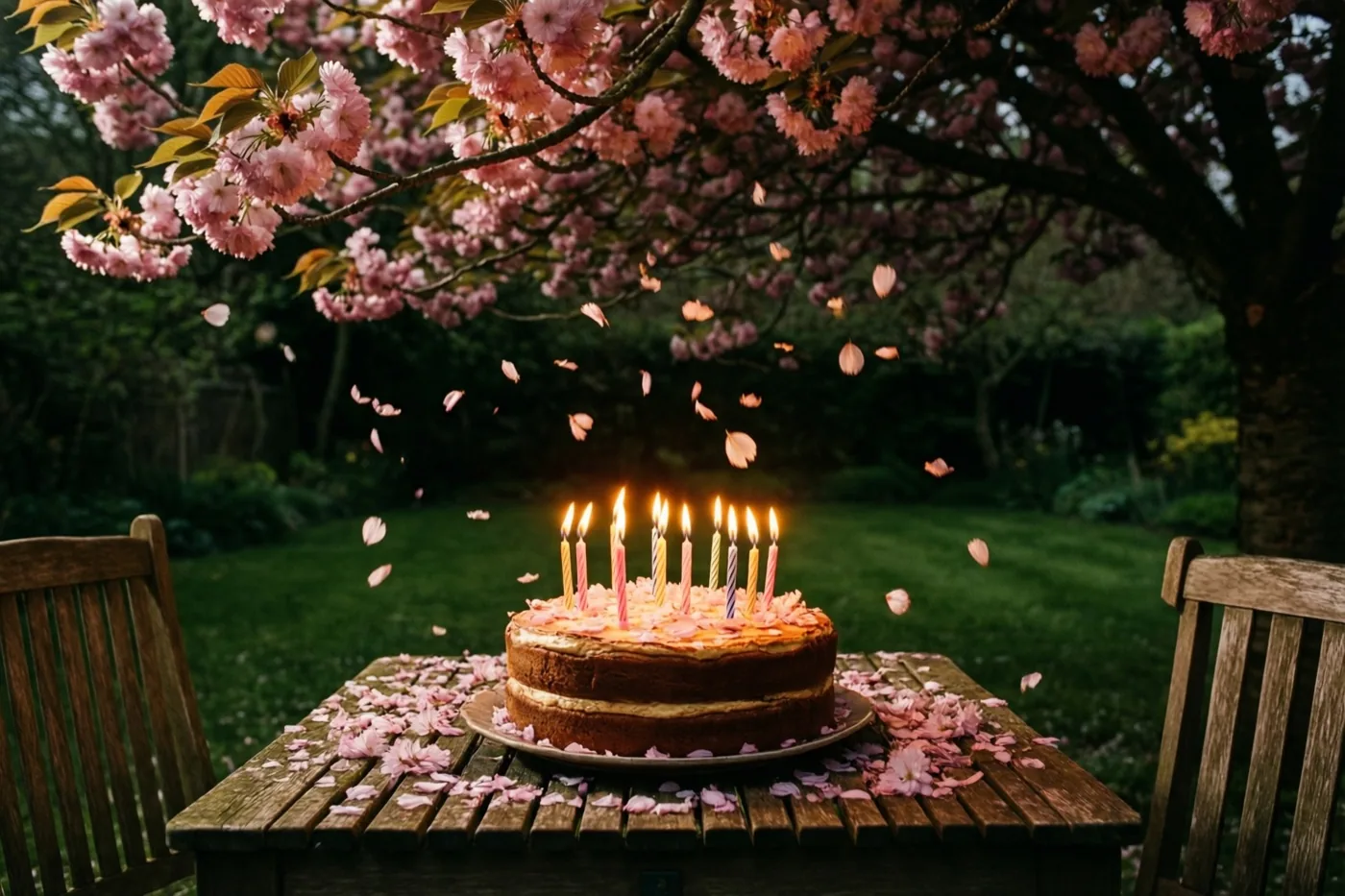 Een verjaardagstaart met brandende kaarsjes staat op een houten tuintafel onder een bloeiende boom, met vallende roze kersenbloesemblaadjes in een groene tuin.