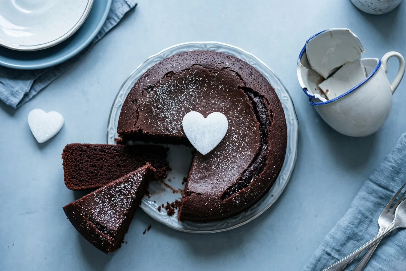 Een chocoladetaart met een suikerhart waaruit twee stukken ontbreken, staat op een bord naast een gebroken wit kopje met blauwe rand op een blauw tafelkleed.