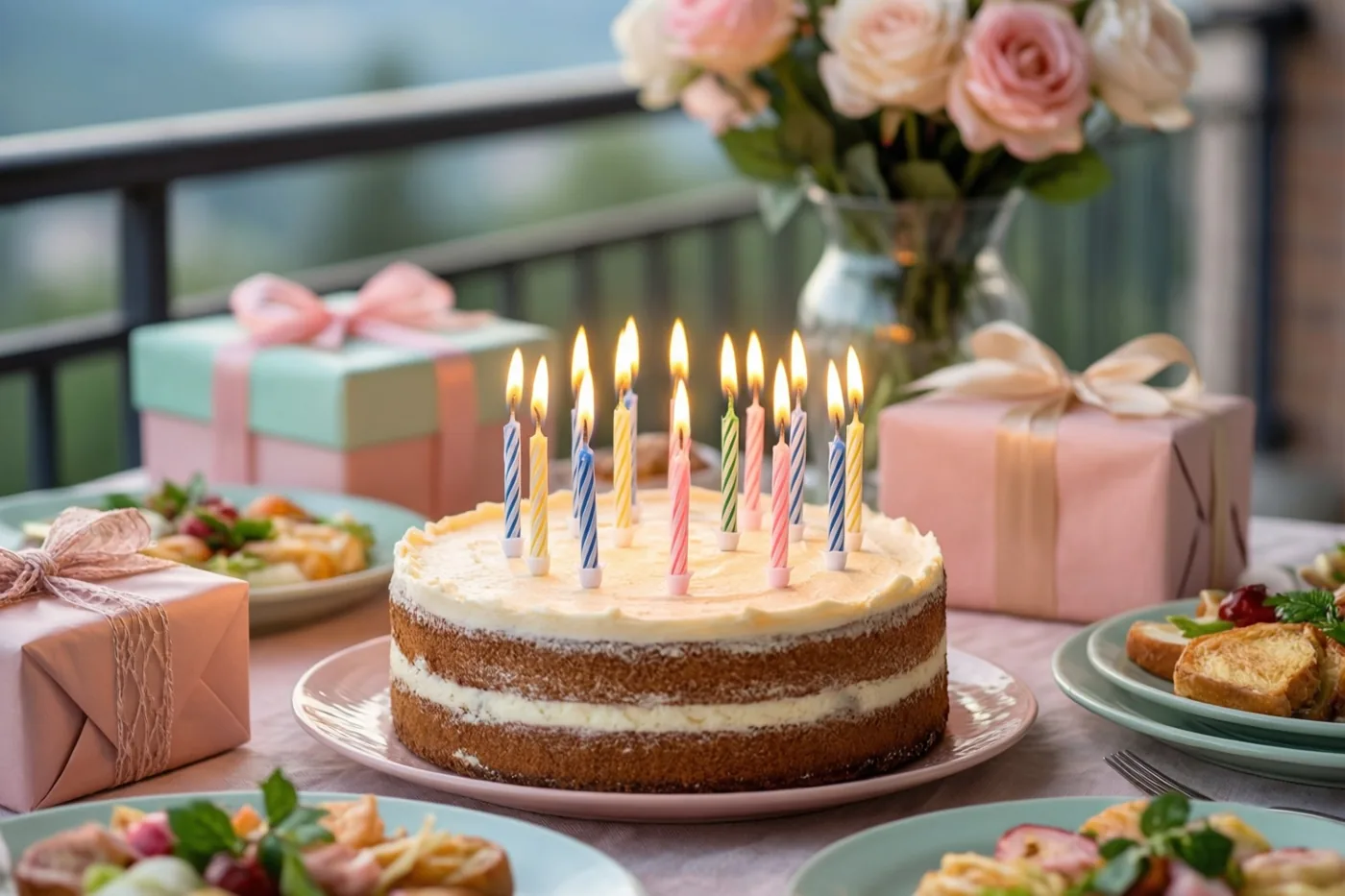 Een ronde laagjestaart met brandende kaarsjes staat op een roze bord op een brunchtafel op een balkon, tussen ingepakte cadeaus en borden eten, met een bloemstuk op de achtergrond.