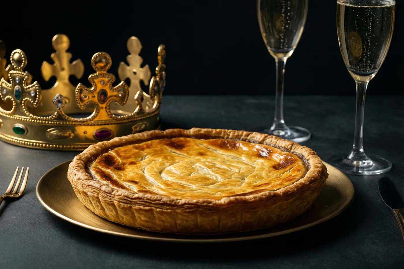 Een goudkleurige galette op een gouden bord staat naast een gouden kroon en twee champagneglazen op een donkere tafel tegen een donkere achtergrond in warm licht.