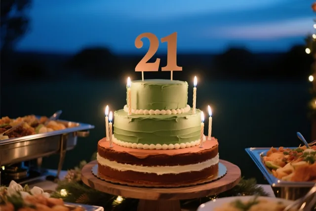Een taart met meerdere verdiepingen, brandende kaarsen en een versiering met 21 staat op een houten standaard bij een buitenbuffet onder een donkerblauwe lucht.