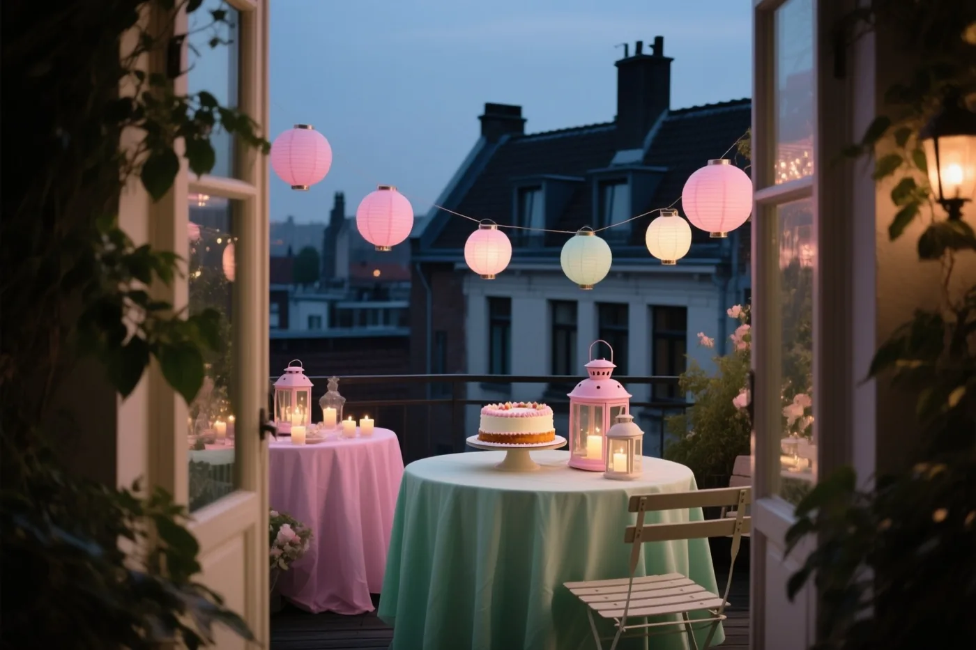 Op een dakterras staat een taart op een tafel met een lichtgroen tafelkleed, omringd door hangende lampionnen en kaarslicht in de schemering.
