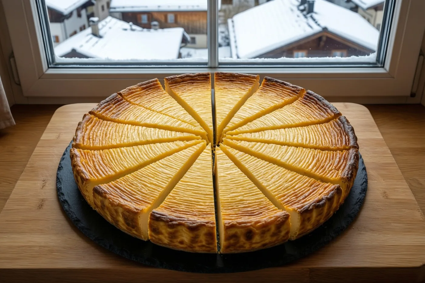 Een aangesneden crème-brûléetaart staat op een zwarte leisteen op een houten plank bij een raam met besneeuwde daken buiten.