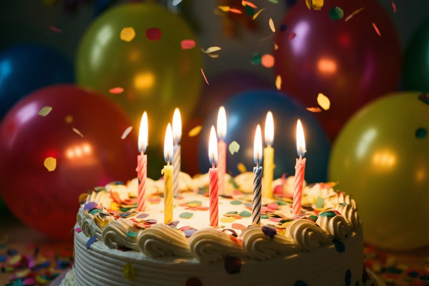 Een verjaardagstaart met brandende kaarsjes staat centraal, met wazige kleurrijke ballonnen en vallende confetti rondom in warme rode, gele en blauwe tinten.
