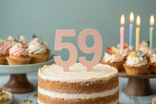 Een taart met meerdere verdiepingen en een papieren versiering met 59 staat tussen cupcakes en brandende kaarsen op een buffet tegen een gedempte blauwgroene achtergrond.
