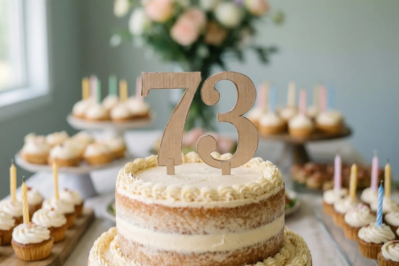 Een taart met verdiepingen en een papieren versiering met 73 staat tussen cupcakes met kaarsjes op een buffet, met pastelkleuren en bloemen op de achtergrond.