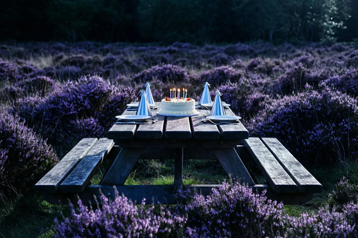 Op een houten picknicktafel tussen bloeiende paarse heide staan een verjaardagstaart met brandende kaarsjes en blauwe feesthoedjes in zacht natuurlijk licht.