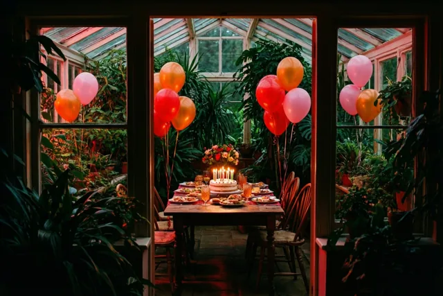 In een veranda vol groene planten staat een houten tafel met een taart met brandende kaarsjes tussen rode, roze en oranje ballonnen in warm licht.