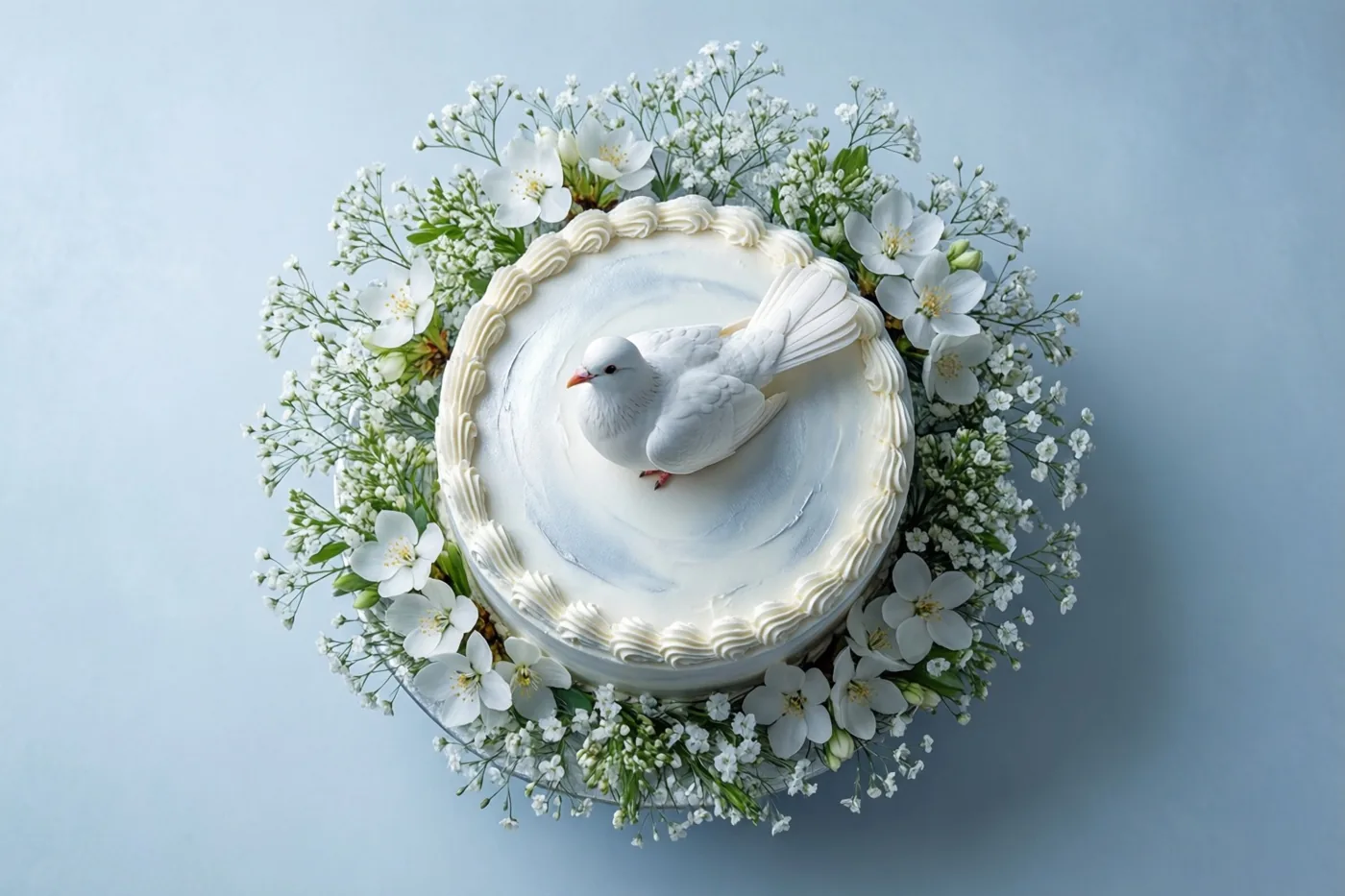 Van bovenaf is een witte taart met een wit duivenbeeldje te zien, omringd door witte lentebloemen tegen een lichtblauwe achtergrond.