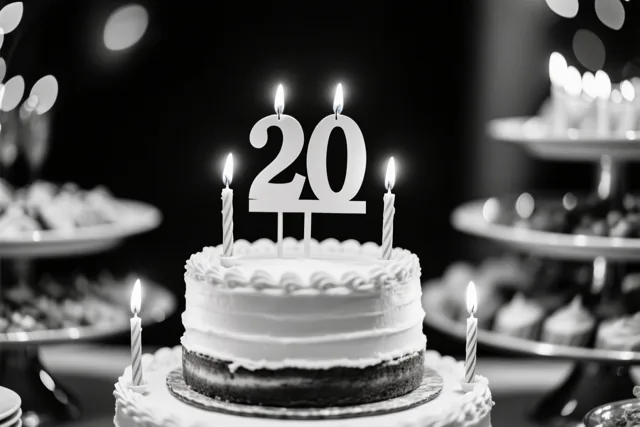Een zwart-witfoto toont een taart met verdiepingen, brandende kaarsjes en een papieren 20 op een feestelijk buffet, met andere desserts en onscherpe lichtjes tegen een donkere achtergrond.