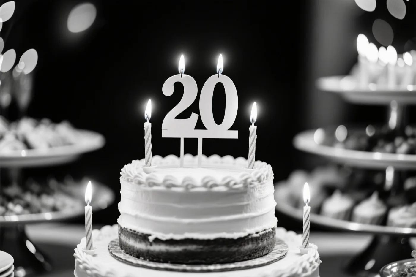 Een zwart-witfoto toont een taart met verdiepingen, brandende kaarsjes en een papieren 20 op een feestelijk buffet, met andere desserts en onscherpe lichtjes tegen een donkere achtergrond.