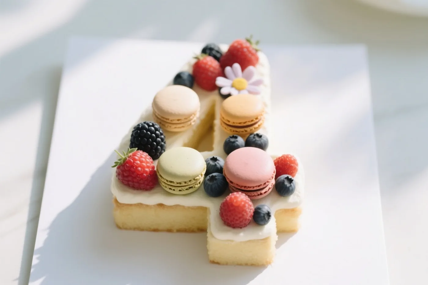Een taart in de vorm van het cijfer 4 met bessen, macarons en een eetbare bloem staat op een wit bord in helder zonlicht.