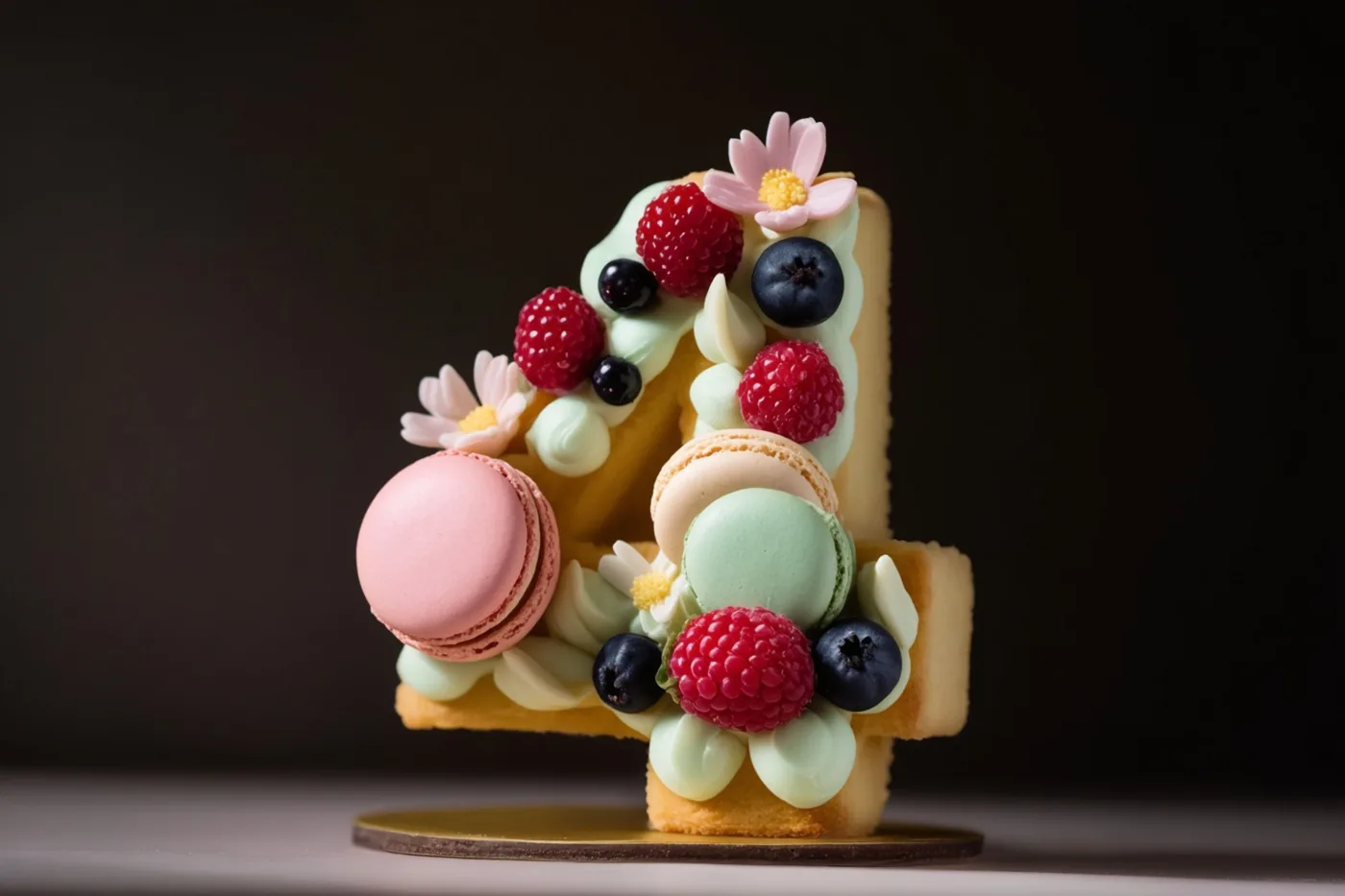 Een taart in de vorm van het cijfer 4, versierd met frambozen, blauwe bessen, macarons en eetbare bloemen, ligt op een gouden onderlegger tegen een donkere achtergrond.