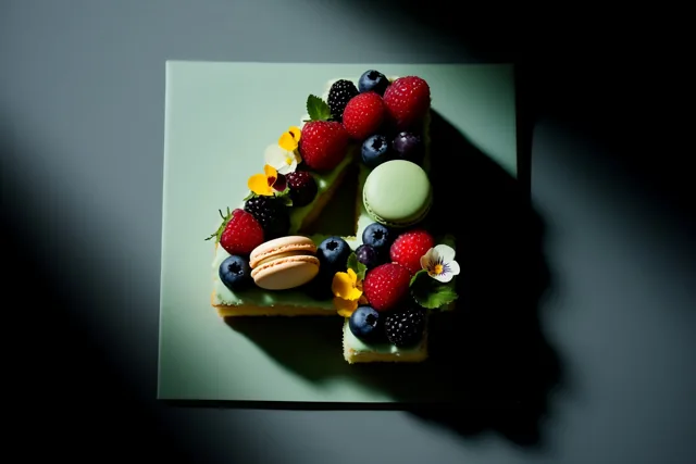 Een taart in de vorm van het cijfer 4 met frambozen, blauwe bessen, bramen, macarons en eetbare bloemen staat op een lichtgroen bord tegen een donkere achtergrond.