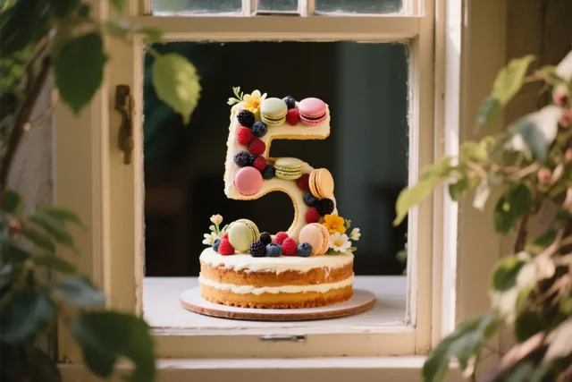 Een taart in de vorm van het cijfer 5 met bessen, macarons en eetbare bloemen staat op een vensterbank tussen groen gebladerte in zacht daglicht.