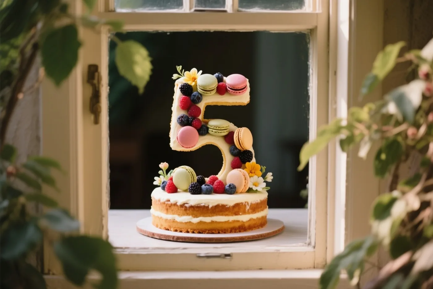 Een taart in de vorm van het cijfer 5 met bessen, macarons en eetbare bloemen staat op een vensterbank tussen groen gebladerte in zacht daglicht.