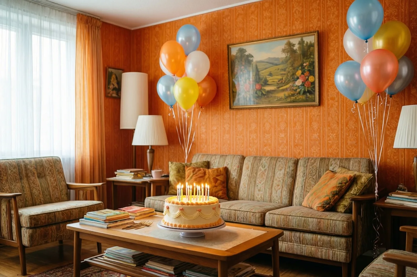 Een taart met brandende kaarsjes staat op een houten salontafel in een jarenzeventigwoonkamer met oranje patroonbehang, een bloemenschilderij in een gouden lijst en kleurrijke ballonnen.