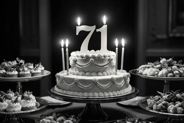 Een zwart-witfoto toont een taart met twee verdiepingen, een papieren versiering met 71 en brandende kaarsen op een standaard tussen andere desserts.