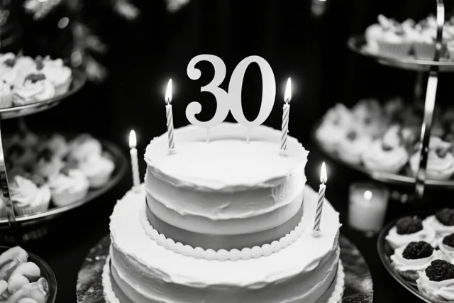 Een zwart-witfoto toont een taart met twee verdiepingen, een papieren 30 en brandende kaarsen op een buffet tussen schalen met cupcakes.