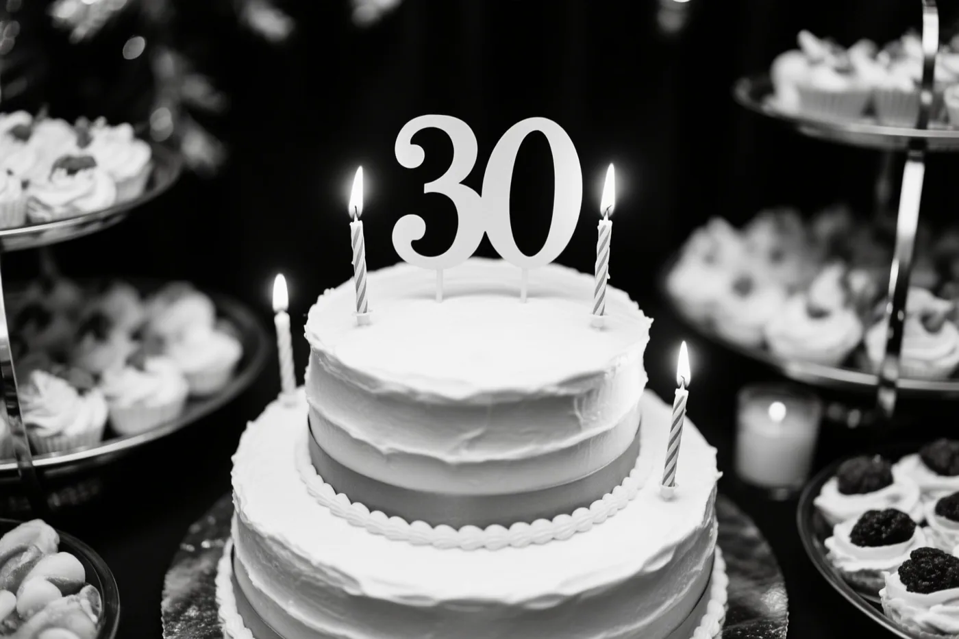 Een zwart-witfoto toont een taart met twee verdiepingen, een papieren 30 en brandende kaarsen op een buffet tussen schalen met cupcakes.