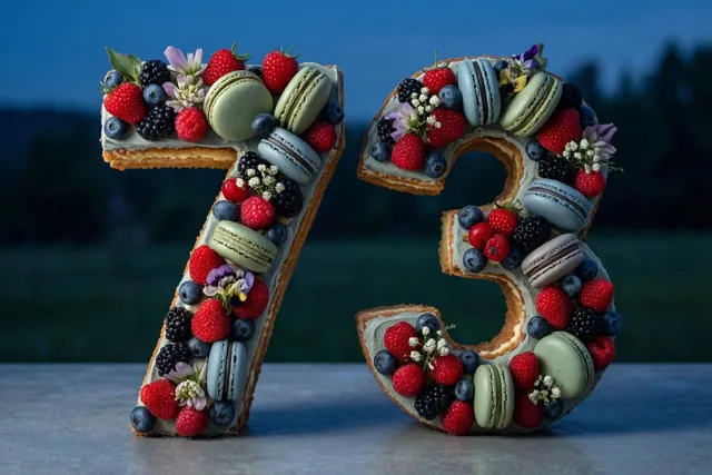Twee grote taartcijfers, 7 en 3, zijn versierd met bessen, macarons en eetbare bloemen, met een onscherpe buitenomgeving op de achtergrond.