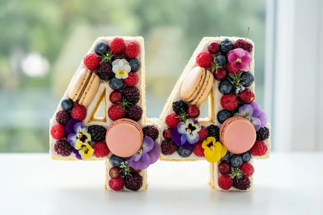 Twee stukken taart vormen samen 44 en zijn versierd met bessen, macarons en eetbare bloemen op een wit oppervlak tegen een onscherpe groene achtergrond.