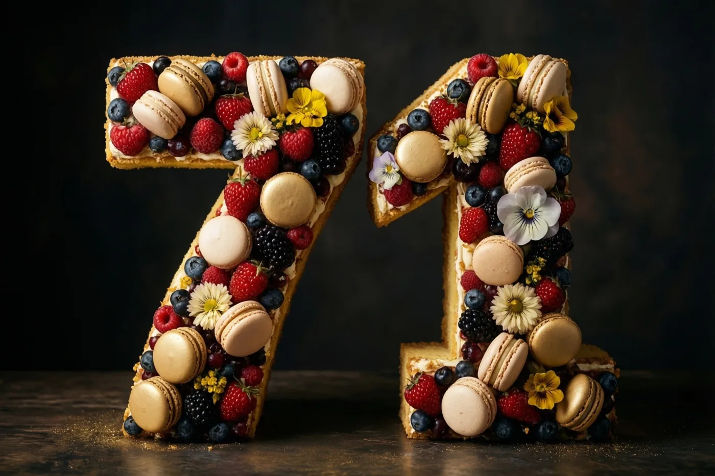 Taartcijfers 7 en 1 met bessen, macarons en eetbare bloemen zijn warm verlicht tegen een donkere achtergrond.